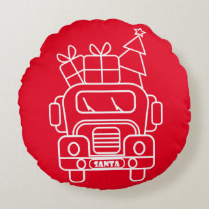 Outline Christmas truck Santa car front view Round Cushion