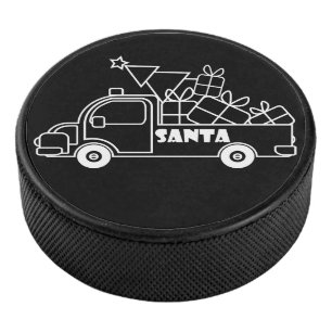 Outline Christmas truck Santa car side view Hockey Puck