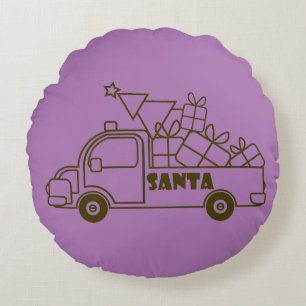 Outline Christmas truck Santa car side view Round Cushion
