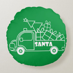 Outline Christmas truck Santa car side view Round Cushion