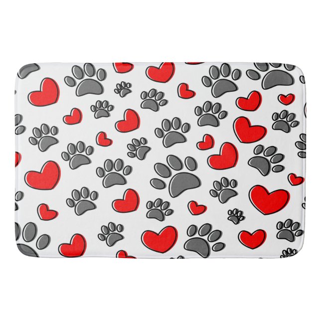 Outline Dog Paw Prints And Red Hearts Bath Mat (Front)