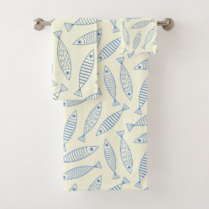 Outline Doodle Blue Sardine Fish Pattern  Bath Towel Set
