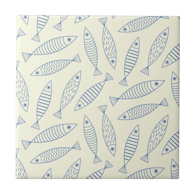 Outline Doodle Blue Sardine Fish Pattern  Tile (Front)