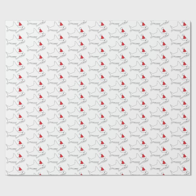 Outline Shark Santa Hat White Christmas Holiday Wrapping Paper (Flat)