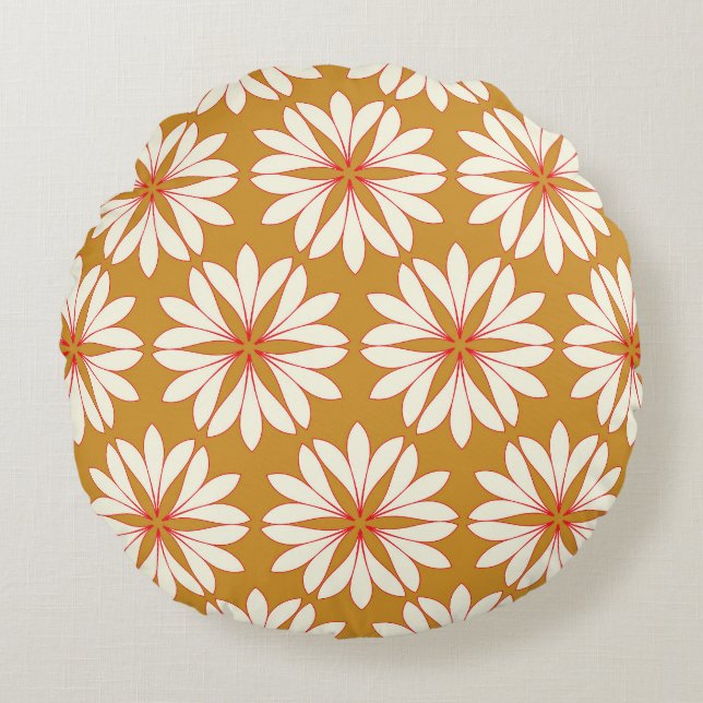 Outlined floral grid: gold, red, ivory round cushion (Front)