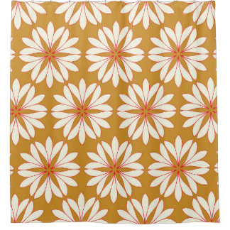 Outlined floral grid: gold, red, ivory shower curtain
