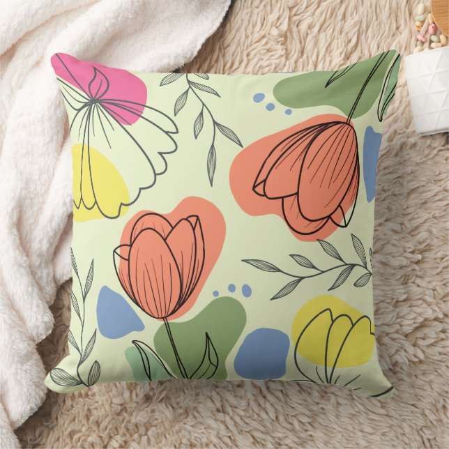 Outlined Flowers In Spring Throw Pillow (Blanket)