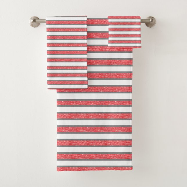 Outlined Grey and Static Red Stripes Bath Towel Set (Insitu)