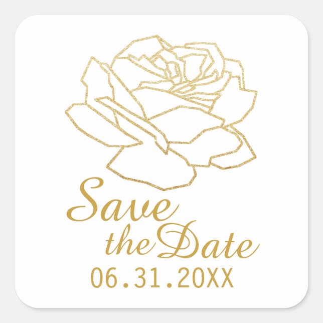 outlined rose flower, save the date / wedding  square sticker (Front)