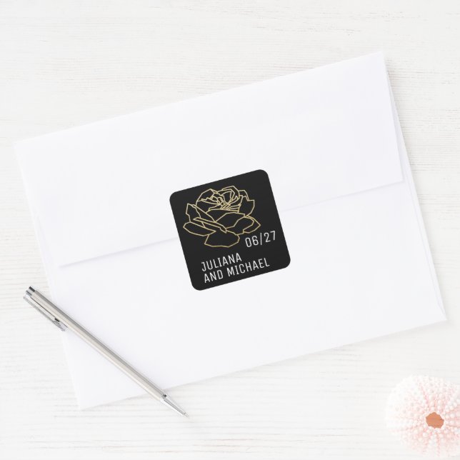 Outlined Rose Flower with names, wedding black  Square Sticker (Envelope)