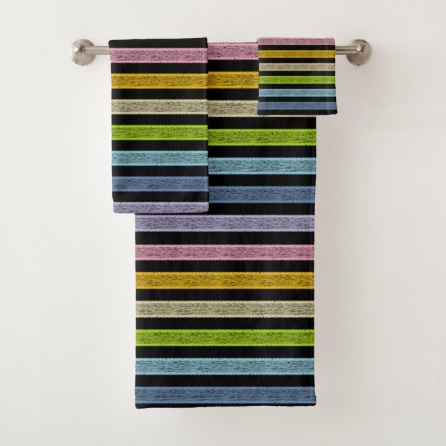 Outlined Stripes Pastel Rainbow Black Bath Towel Set (Insitu)