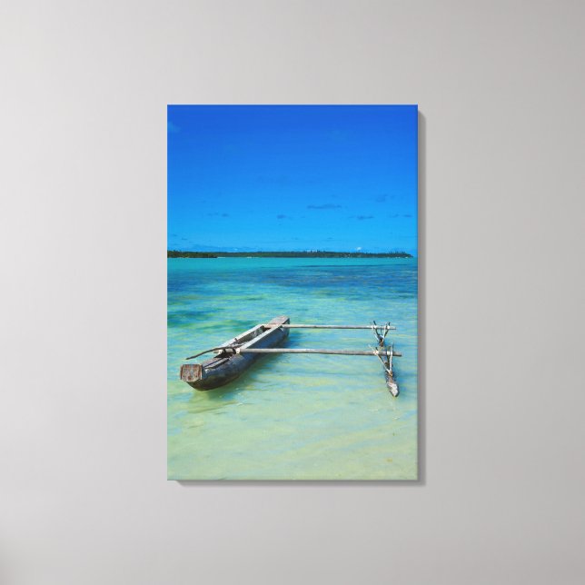 Outrigger Canoe In Shallow Ocean Canvas Print (Front)