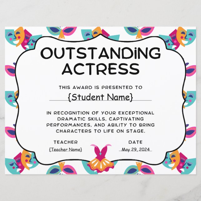 Outstanding Actress Student Recognition Award (Front)