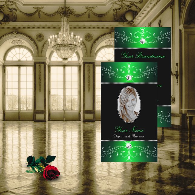 Outstanding Black Green Ornate Ornaments Add Photo Business Card (Creator Uploaded)