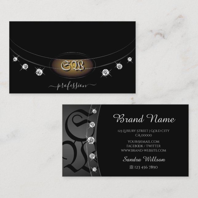 Outstanding Black Silver with Monogram Diamonds Business Card (Front/Back)