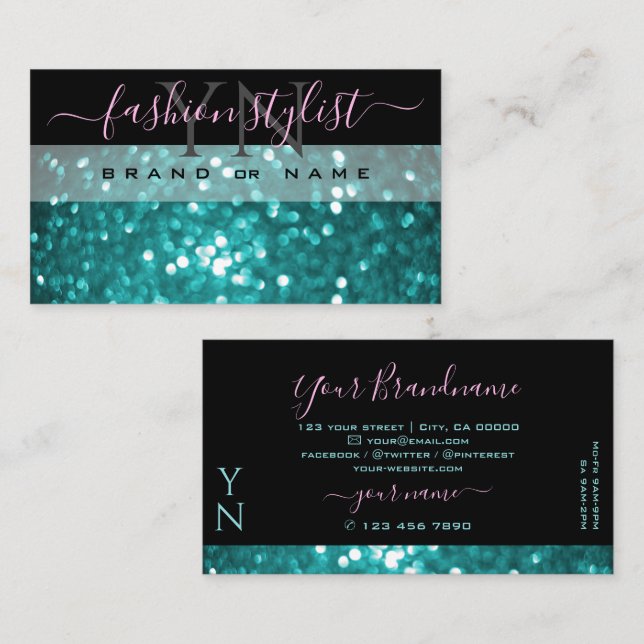 Outstanding Black Teal Sparkling Glitter Monogram Business Card (Front/Back)