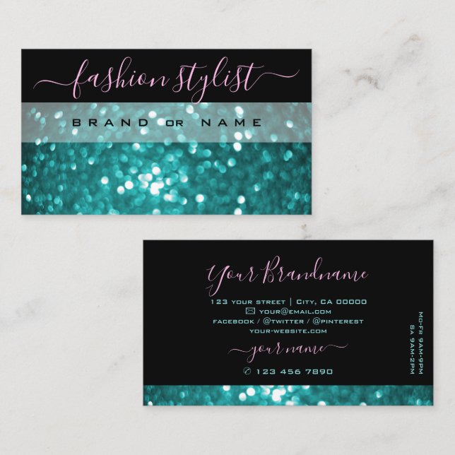 Outstanding Black Teal Sparkling Glitter Shimmery Business Card (Front/Back)