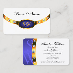 Outstanding White Blue Gold with Monogram Diamonds Business Card