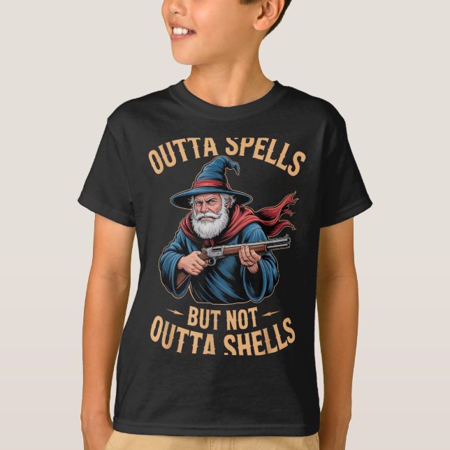 Outta Spells But Not Outta Shells Wizard Fantasy M T-Shirt (Front)
