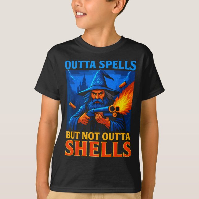 Outta Spells But Not Outta Shells Wizard Fantasy M T-Shirt (Front)