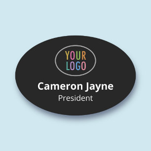 Oval Black Name Tag Magnetic or Pin Custom Logo