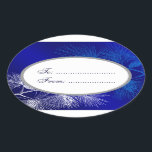 Oval Blue White Holiday Custom Gift Tag Stickers<br><div class="desc">This custom oval gift tag has script letters on a silver medallion against winter holiday art with an elegant pattern of pine boughs and pinecones in blue and white on an icy background of blues and violet.</div>