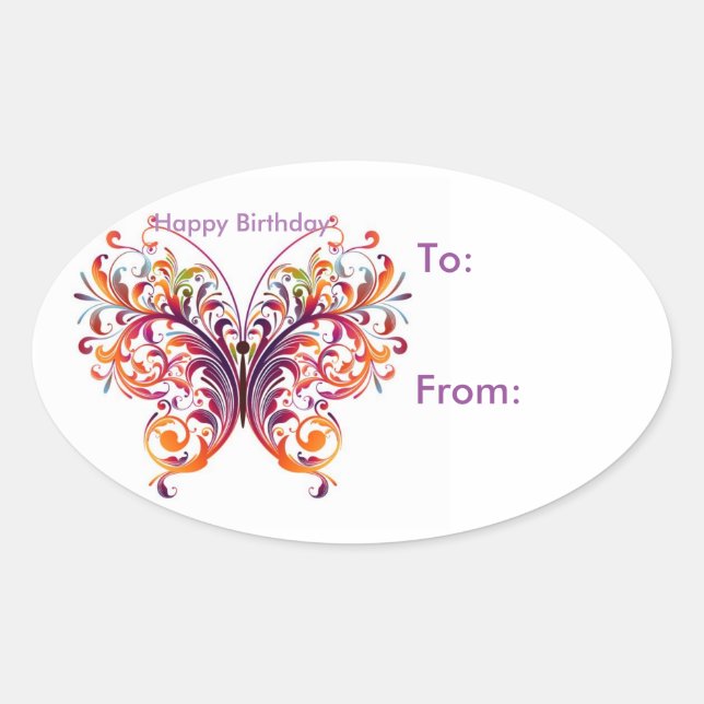 Oval Butterfly Birthday Gift Tag Stickers (Front)
