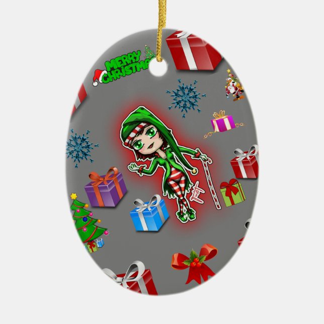 Oval christmas ornament white elf (Front)