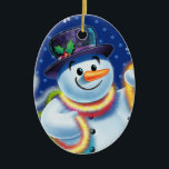 Oval Christmas tree decoration Snowman & tinsel.<br><div class="desc">Oval blues Christmas tree decoration Snowman and tinsel.deep blues.
This jolly snowman is about to decorate his tree with colorful tinsel.
See the other characters in this same series,  Santa and Polar Bear and Rudolph.</div>