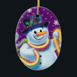 Oval Christmas tree decoration Snowman & tinsel.<br><div class="desc">Oval shape purple Christmas tree decoration Snowman and tinsel. Purples.
This jolly snowman is about to decorate his tree with colourful tinsel.
See the other characters in this same series,  Santa and Polar Bear and Rudolph.</div>