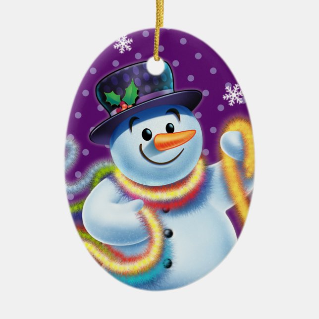 Oval Christmas tree decoration Snowman & tinsel. (Front)