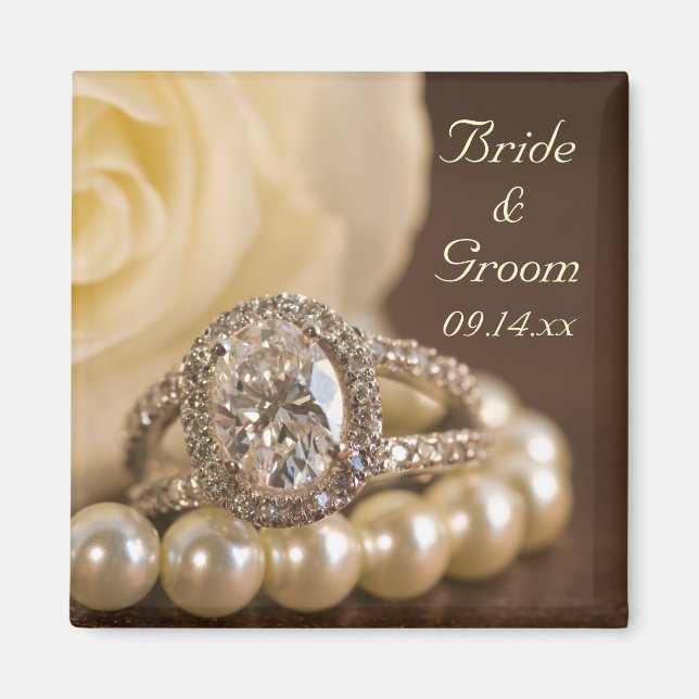 Oval Diamond Ring and White Rose Wedding Magnet (Front)