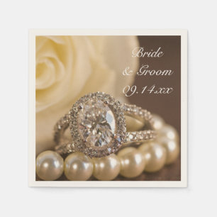 Oval Diamond Ring and White Rose Wedding Napkin