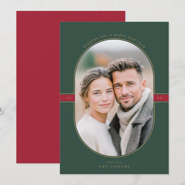 Oval Frame New Year Photo Holiday Card (Front/Back)