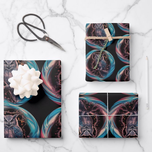 Oval Framed Owl Personalized Name Wrapping Paper Sheet (Front)