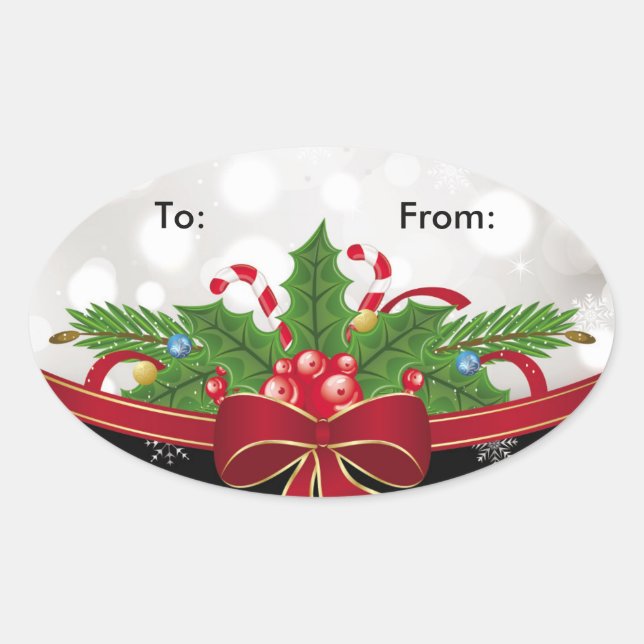 Oval Gift Tag Sticker-Red Bow (Front)