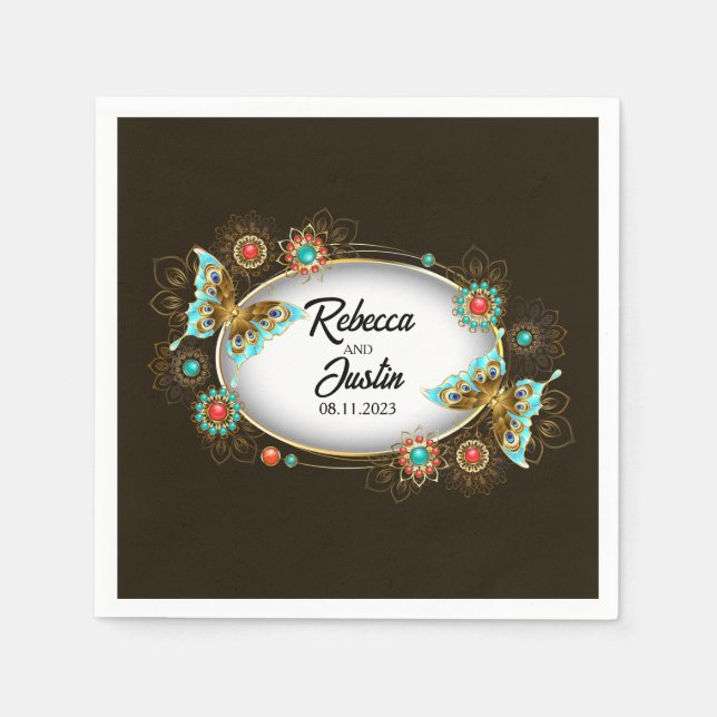 Oval Gold Butterflies Black Modern Boho Napkin (Front)