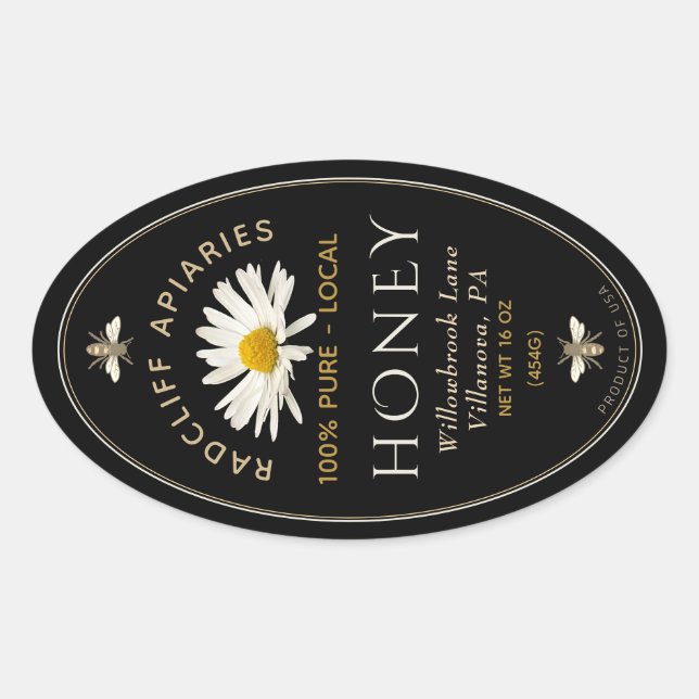Oval honey label with heraldic bees and daisy (Front)