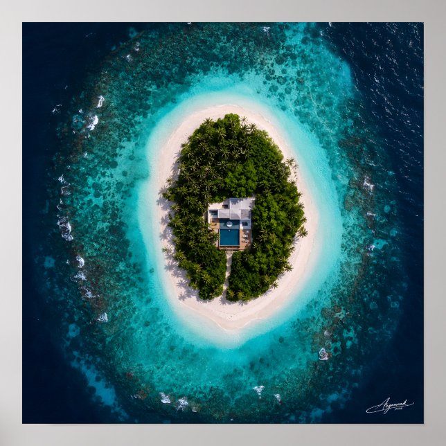 Oval Island Luxury Villa Satellite View Poster (Front)