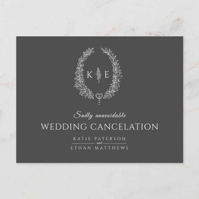 Oval leaf wreath monogram wedding cancellation gre announcement postcard (Front)
