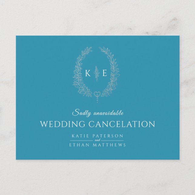 Oval leaf wreath monogram wedding cancellation tea announcement postcard (Front)