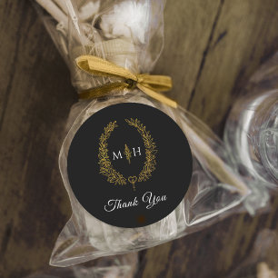 Oval leaves gold on black monogram wedding favor classic round sticker