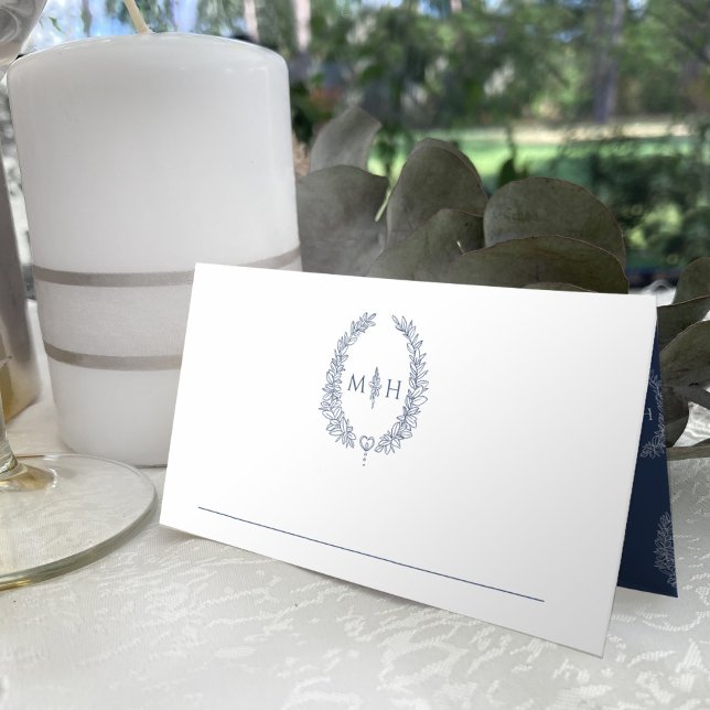 Oval leaves monogram blue white wedding place card (Creator Uploaded)