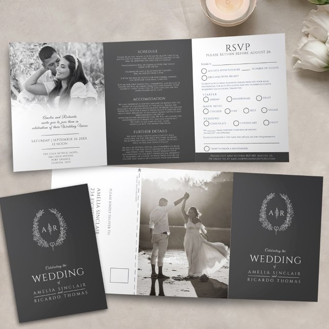 Oval monogram wedding RSVP grey white Tri-Fold Invitation (Creator Uploaded)