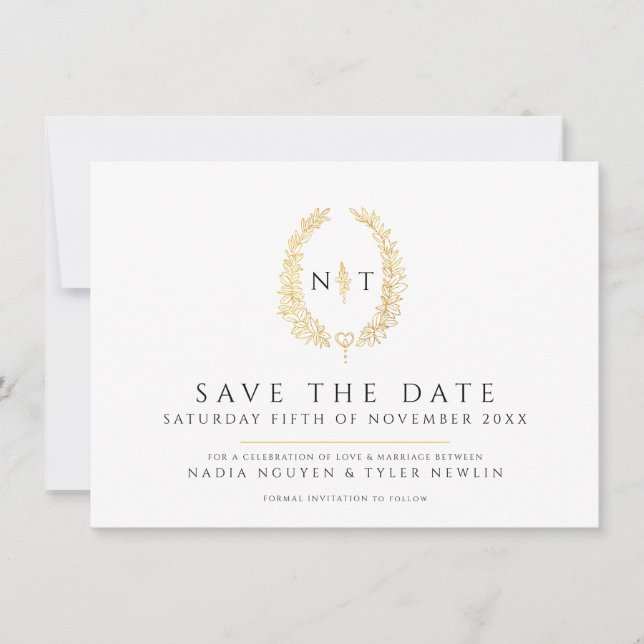 Oval of leaves white black photo wedding save the date (Front)