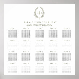 Oval olive green white 20 wedding tables plan poster