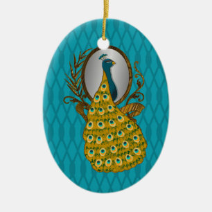 Oval Ornament with Peacock Admiring His Reflection