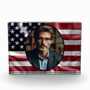 Oval Photo and American Flag, Vintage with Folds