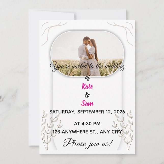 Oval Photo and Botanical Wedding Invitation (Front)