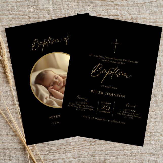 Oval Photo Black & Gold Gender Neutral Baptism Invitation (Creator Uploaded)